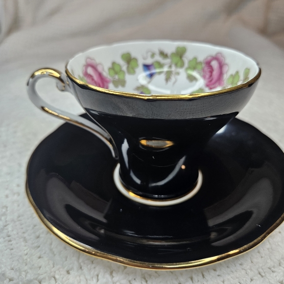 Ansley England Tea Cup and Saucer BLACK Floral Flowers Floral Design Teacup - Picture 10 of 16